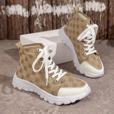 Rose-printed Lace-up Boots Fashion Breathable Canvas Shoes Sports Casual Non-slip Thick-soled Short Boot For Women