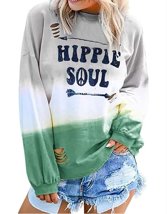 New Style Gradient Letter Print Plus Hole Long-sleeved Ladies Sweater