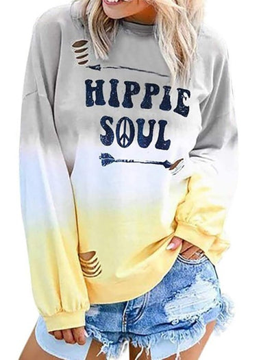 New Style Gradient Letter Print Plus Hole Long-sleeved Ladies Sweater