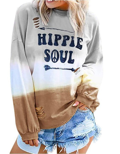 New Style Gradient Letter Print Plus Hole Long-sleeved Ladies Sweater