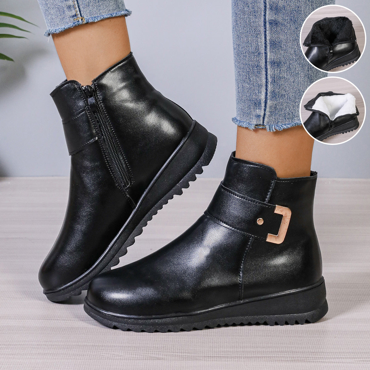 Winter Fleece Boots With Side Zipper Design Fashion Simple Non-slip Ankle Boots For Women Warm Pu Leather Shoes