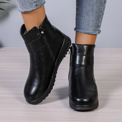 Winter Fleece Boots With Side Zipper Design Fashion Simple Non-slip Ankle Boots For Women Warm Pu Leather Shoes